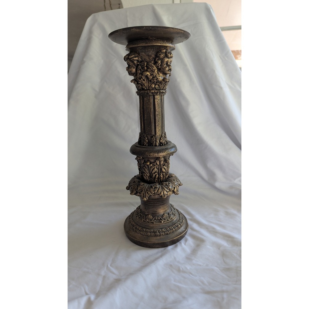 Antique Bronze Cherub Pillar Candle Holder 16" Ornate Column Angel Decor